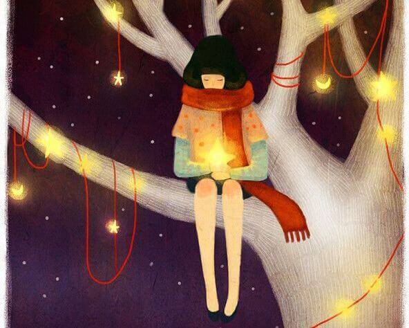 Mulher em árvore com estrelas, pensando em boas pessoas