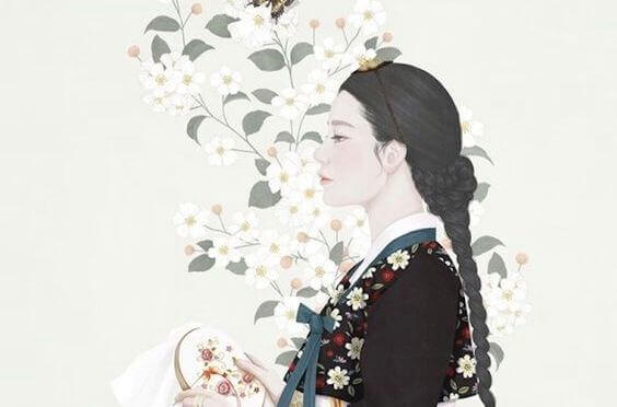 mulher-oriental-com-flores-brancas