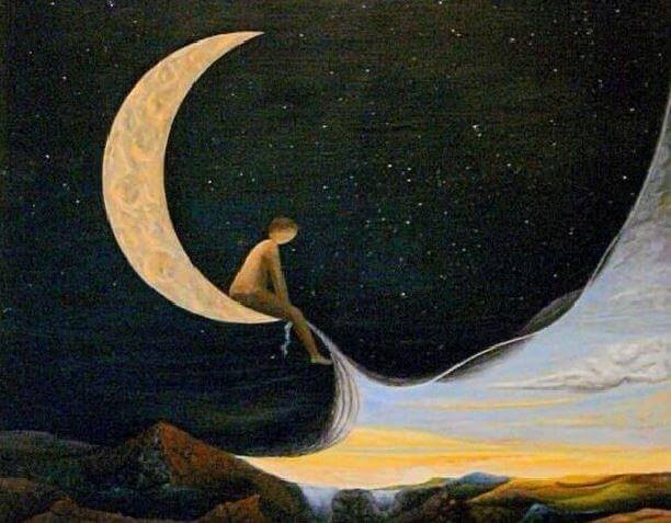 Homem sentado na lua brincando com o céu