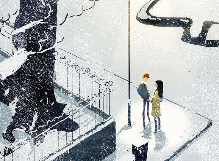 Casal com as mãos dadas perto de um poste