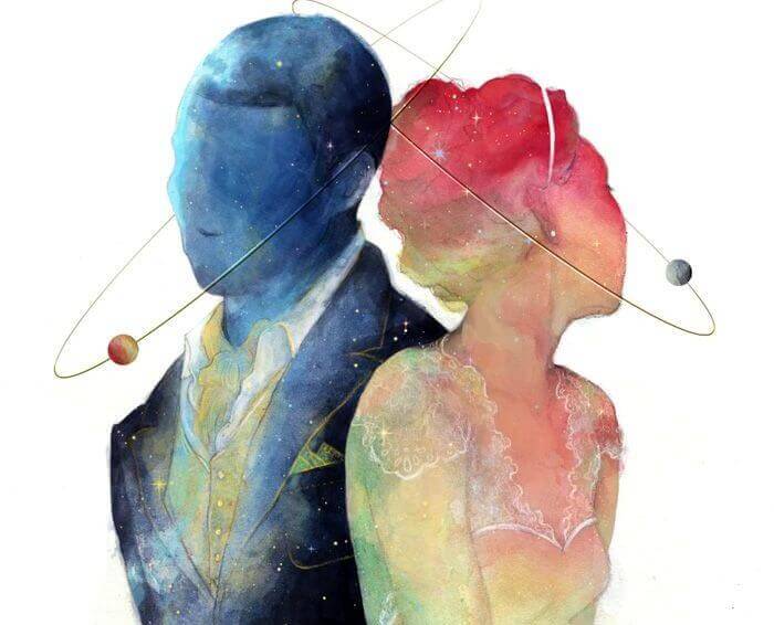 Casal em rosa e azul