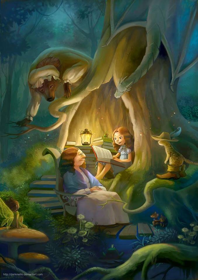 Filha lendo conto de fadas para sua mãe