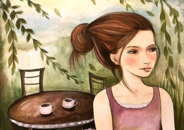 Menina esperando amigo para tomar café