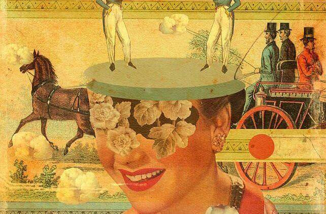 Rosto feminino em imagem com vários elementos