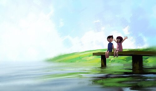 Casal sentado em um lago conversando Mais vale o bom por conhecer que o mau conhecido