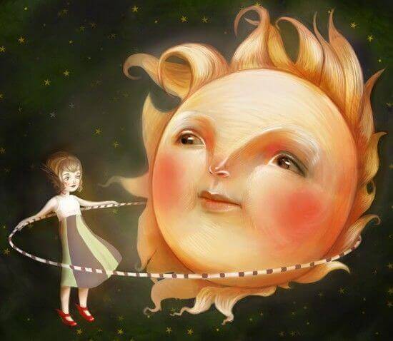 Criança brincando com um sol que luta contra o vazio