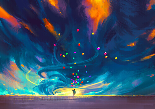 Jovem balões coloridos
