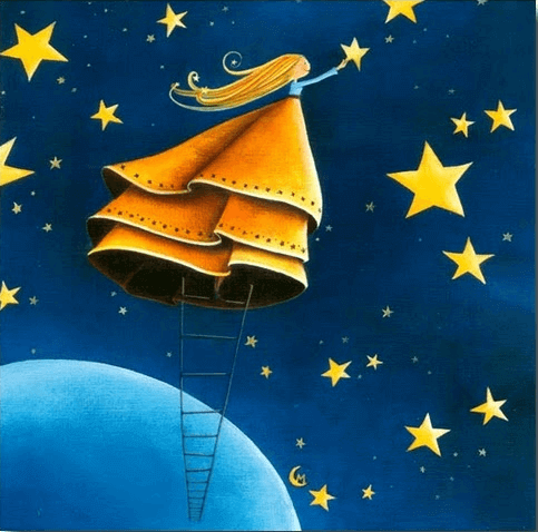 Menina sorrindo com uma escada colhendo uma estrela