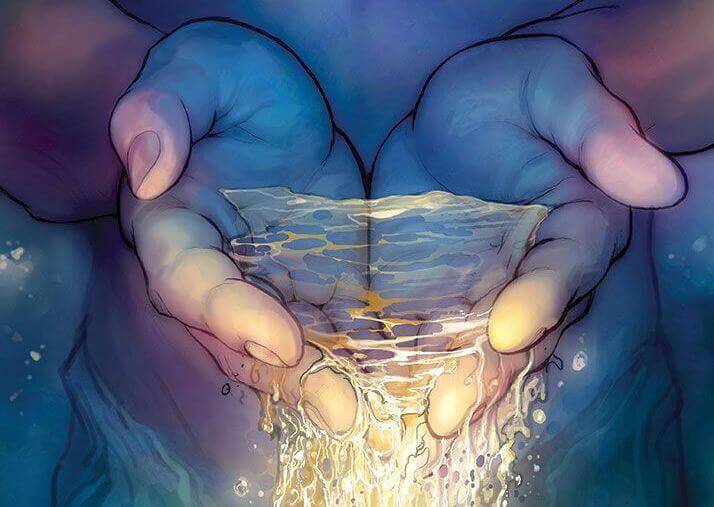 Mãos com água brilhante