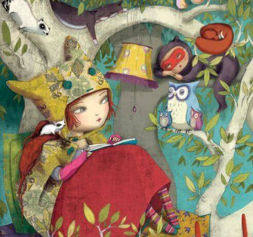 menina lendo rodeada por animais