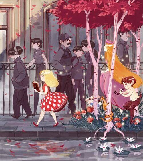 menina passeando com livro na mão