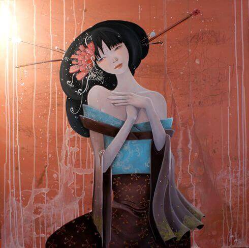 Mulher japonesa que enfrenta as tempestades