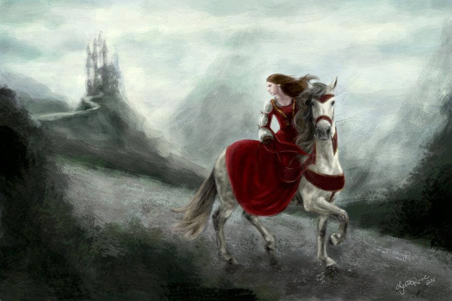 Mulher montada em cavalo fugindo das tempestades