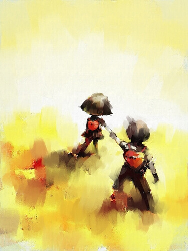 Amigos caminhando de mãos dadas com mochilas