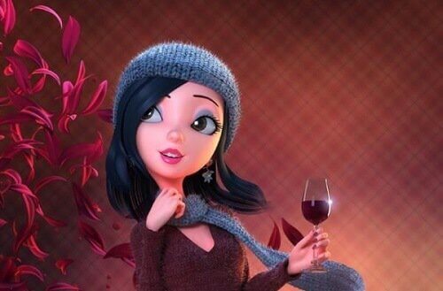 Mulher com gorro e cachecol tomando uma taça de vinho