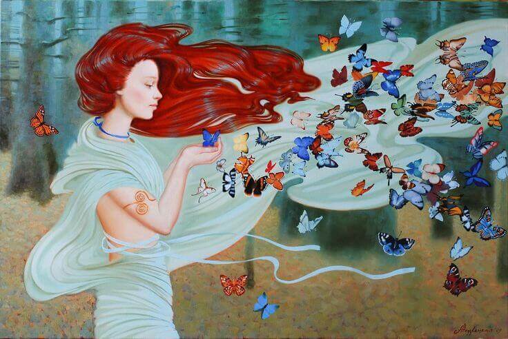 mulher com muitas borboletas