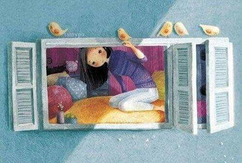 Menina olhando para fora da janela