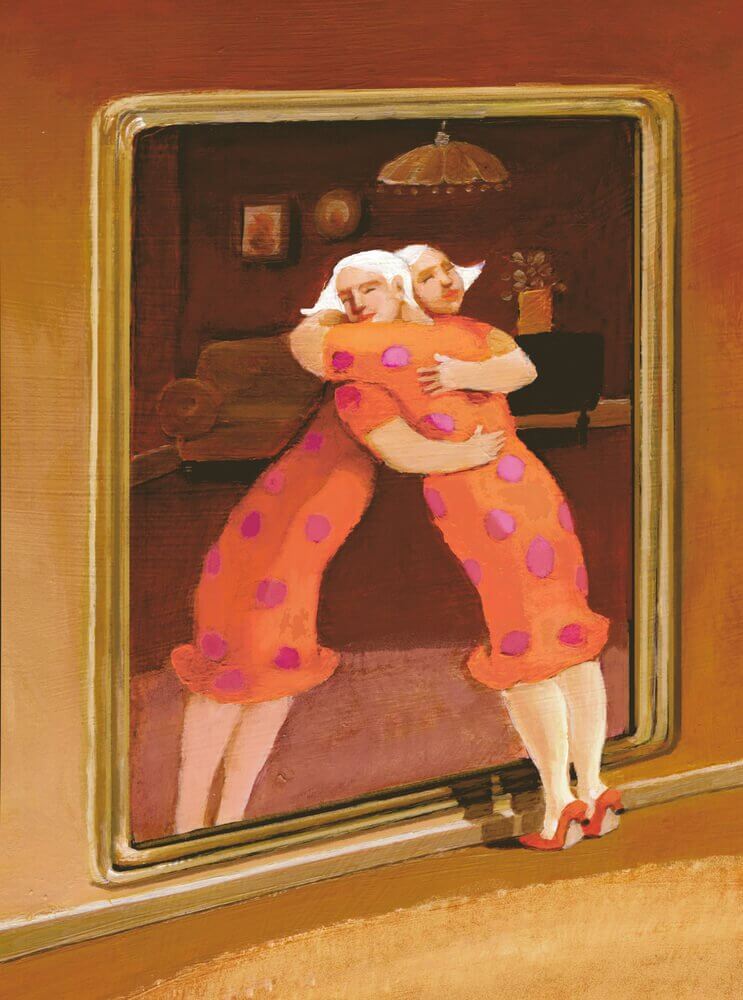 Mulher-se-abraçando-com-sua-imagem-do-espelho