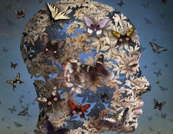 Cabeça feminina cheia de borboletas representando déjà vu
