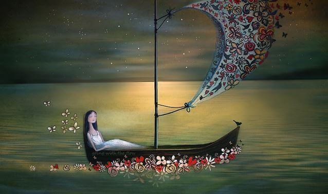 Mulher-em-um-barco-com-flores-com-medo-de-sofrer