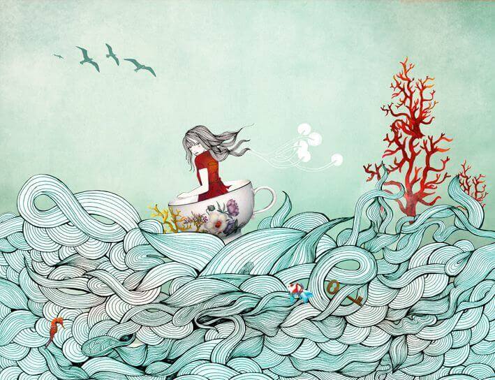 menina no mar nagevando pelas ondas