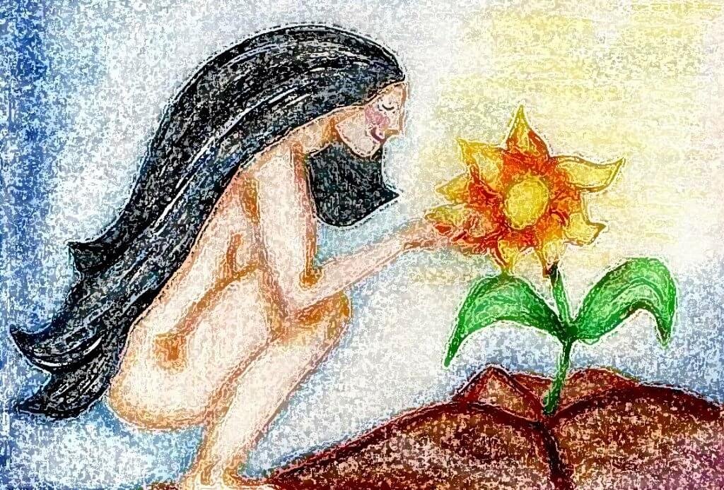 mulher agachada com flor