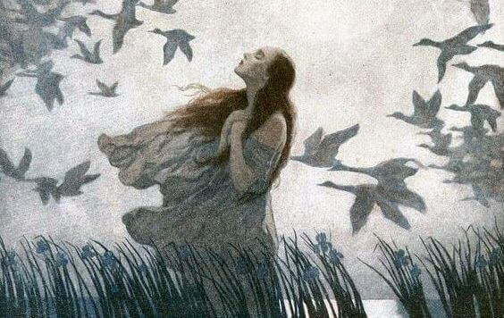 mulher-passaros-voando