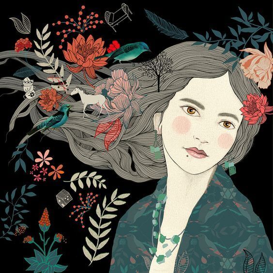 mulher-com-flores-e-plantas-no-cabelo