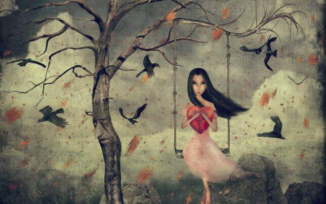 mulher-com-um-coracao-em-balanco