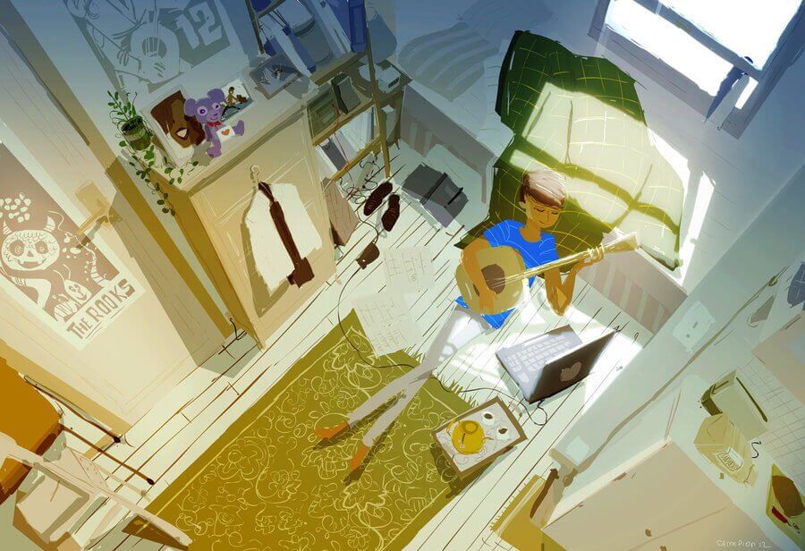 homem-tocando-violao-em-sua-cama