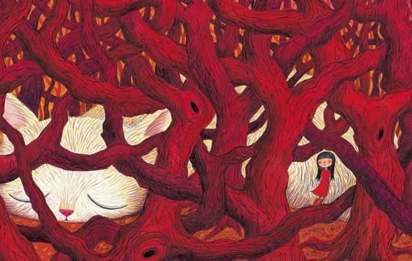 menina-e-gato-em-floresta-vermelha
