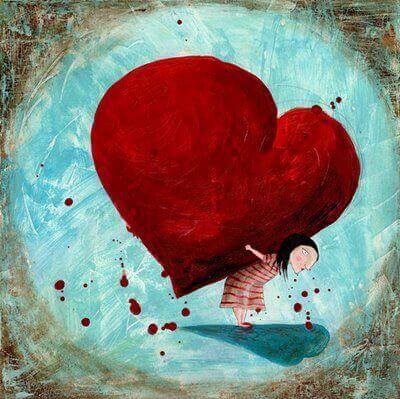 Menina carregando coração enorme e pesado