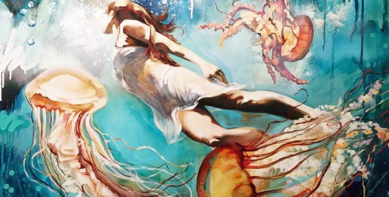 mulher-nadando-com-seres-marinhos