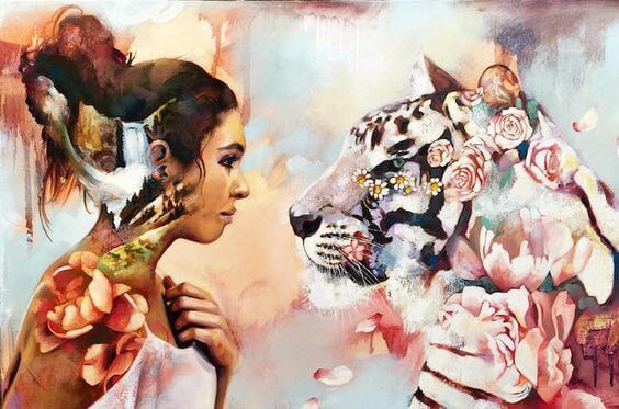 Mulher com tigre de flores