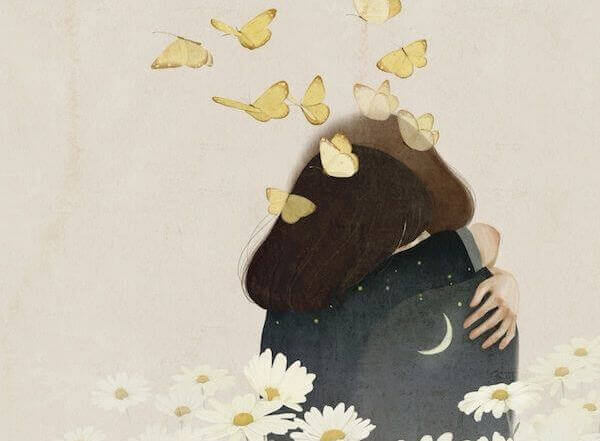 Casal abraçado com borboletas voando