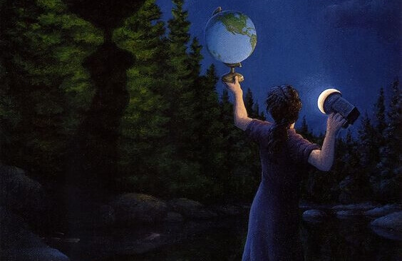 Homem olhando globo terrestre com lanterna