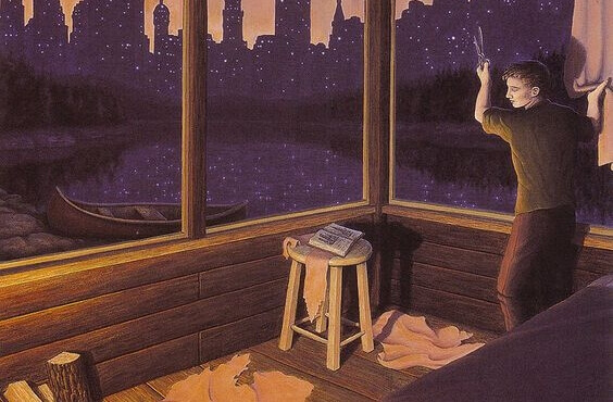 Homem observando cidade por janela