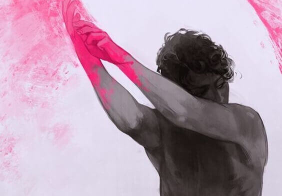 Homem com mãos cor-de-rosa