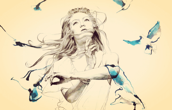Mulher com pássaros voando