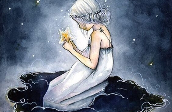 Menina segurando estrela em solidão