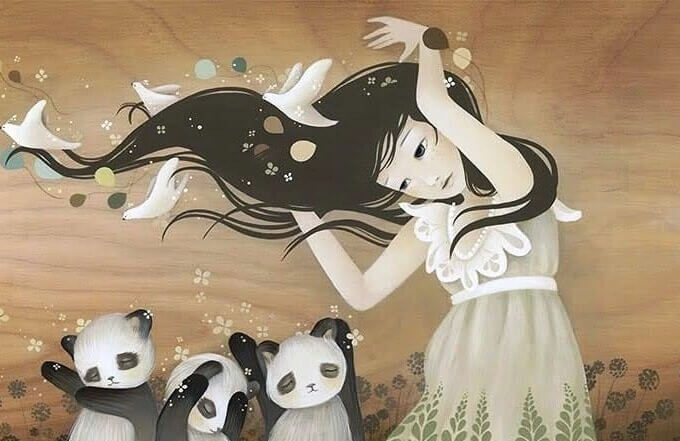 Meninas com ursos panda