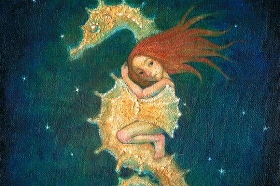 Menina em cavalo marinho