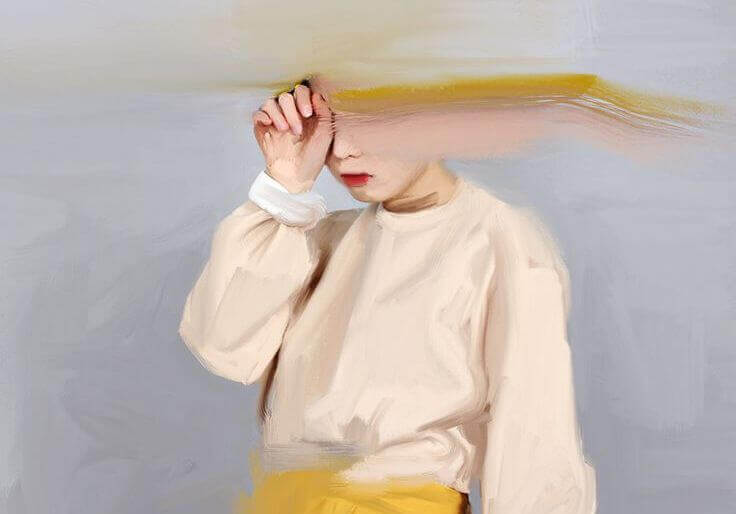 Pintura de menina com mão no rosto