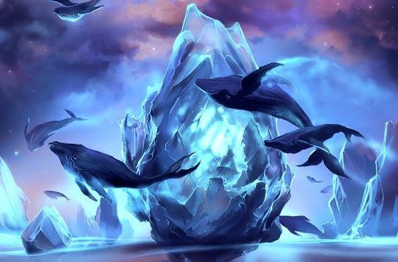 Baleias voando em mundo da fantasia