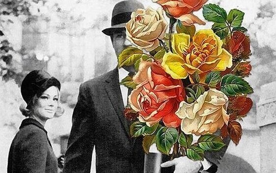 Homem levando flores para mulher
