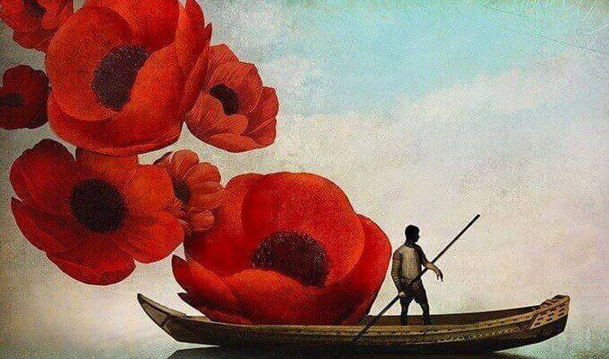 Homem em barco com flores gigantes