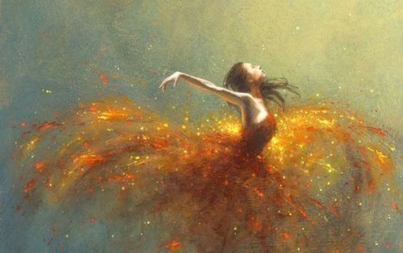 Mulher dançando com vestido dourado