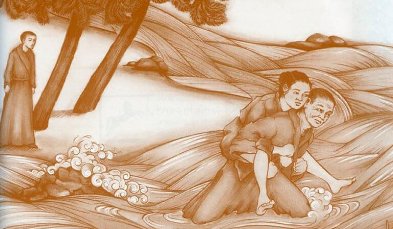 Monge carregando mulher nas costas