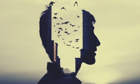 Perfil de homem com pássaros voando