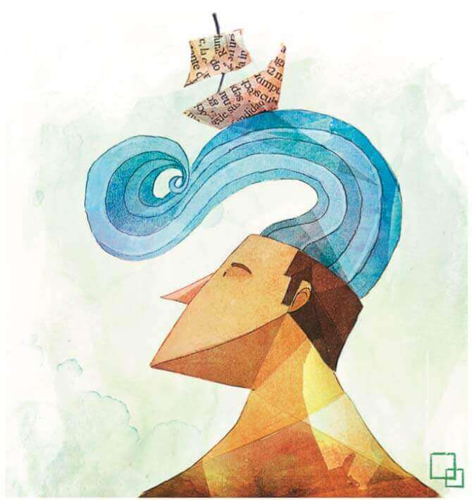 Barco de papel navegando em cabelo de ondas